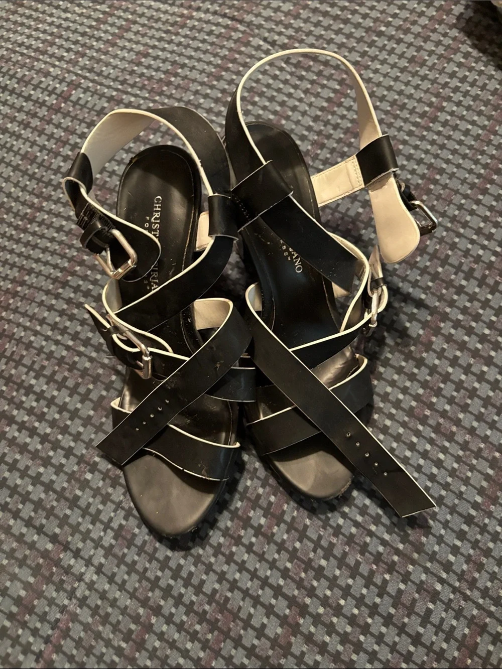Christina Black Leather Strappy Sandals with Ivory Trim